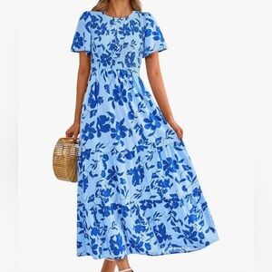 Women's Casual Flutter Short Sleeve Boho Floral Maxi Dress Smocked Tiered